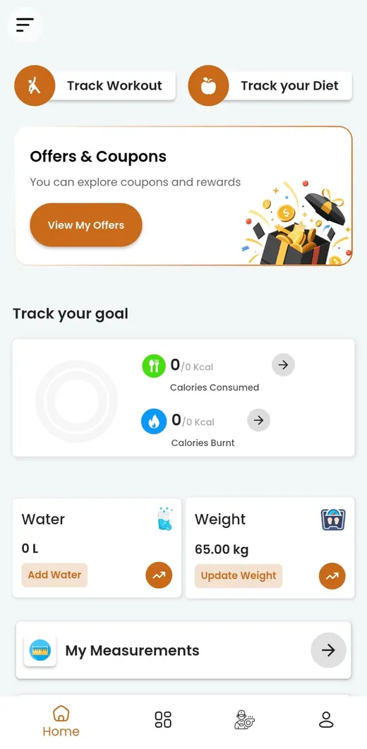JP Fitness app home screen with workout tracking, diet tracking, calorie goals, water and weight logging